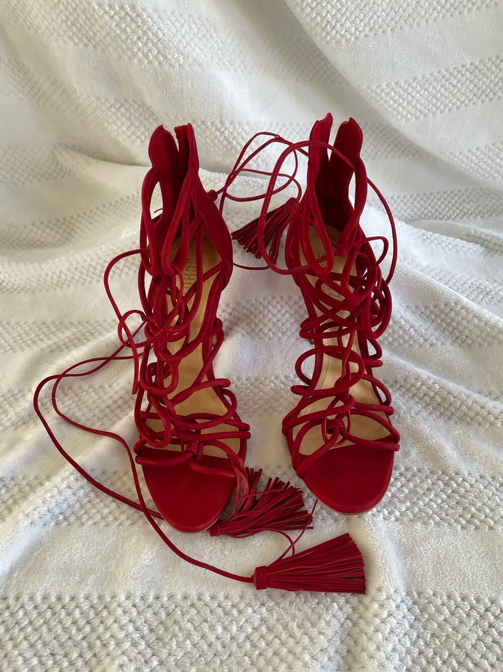 Schutz Red Tie Up Tassel Leather Heels, size 9.5